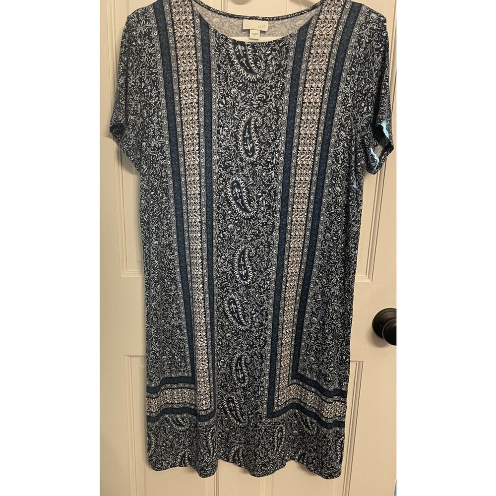 J.Jill Dress Blue White Paisley Size Small Short Sleeves Crewneck Comfort